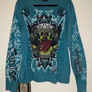 Harley Davidson Womens 1W Teal Blue Graphic Long‎ Sleeve T-Shirt Y2K Biker Heart